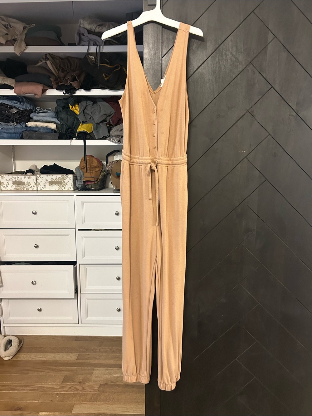 Sleeveless V-Neck Beige Drawstring Jumpsuit